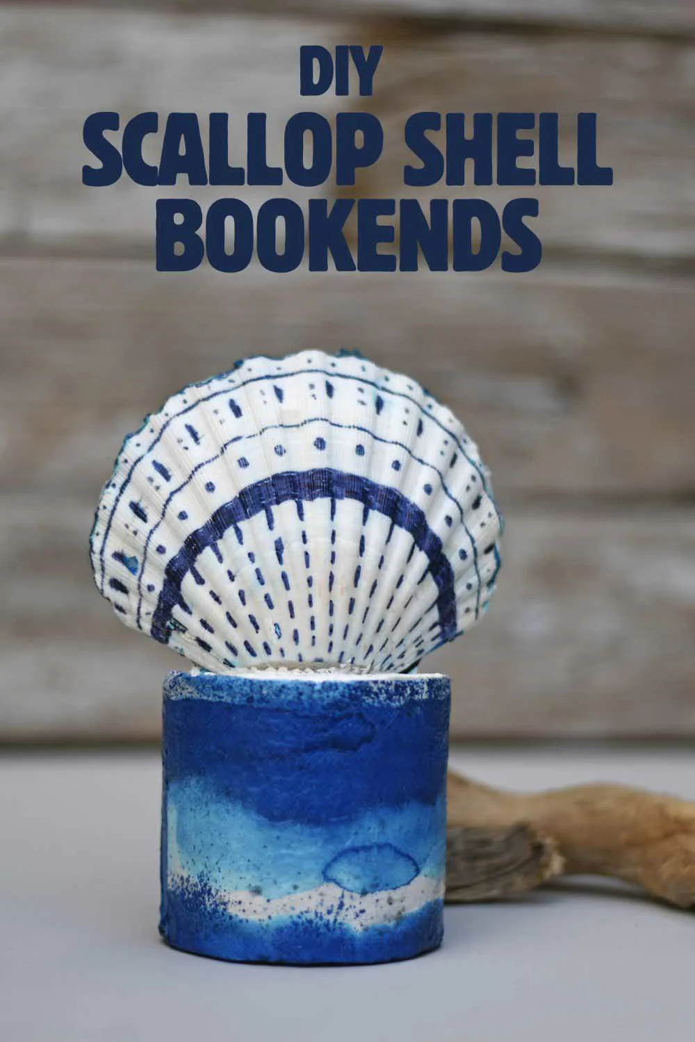 DIY scallop shell book ends with driftwood