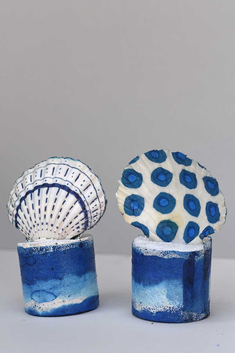 Finished scalloped bookends decoupaged front and back of shell view