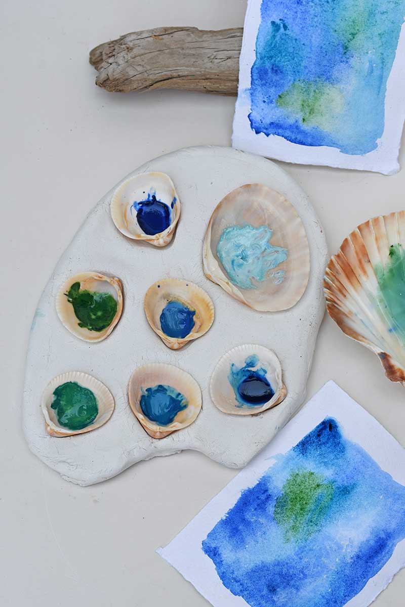 DIY seashell paint palette with air dry clay and paints and watercolour pictures