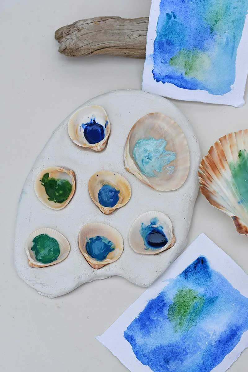 DIY seashell paint palette with air dry clay and paints and watercolour pictures