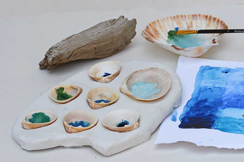 diy seashell paint palette made with air dry clay