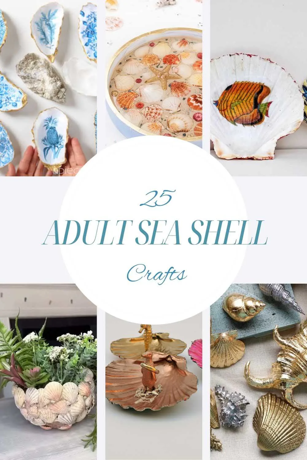 collage of sea shell crafts for adults 