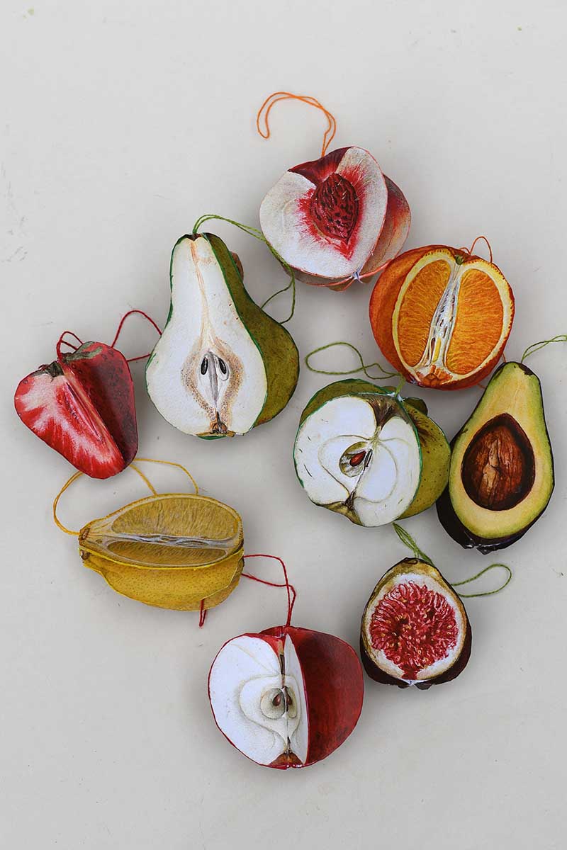 3d paper fruit ornaments including peach, pear, strawberry, green apple, red apple, fig, lemon, orange and avocado
