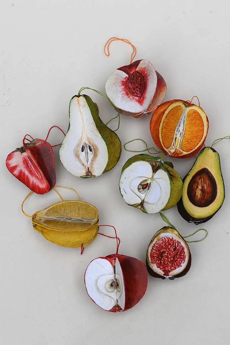3d paper fruit ornaments including peach, pear, strawberry, green apple, red apple, fig, lemon, orange and avocado
