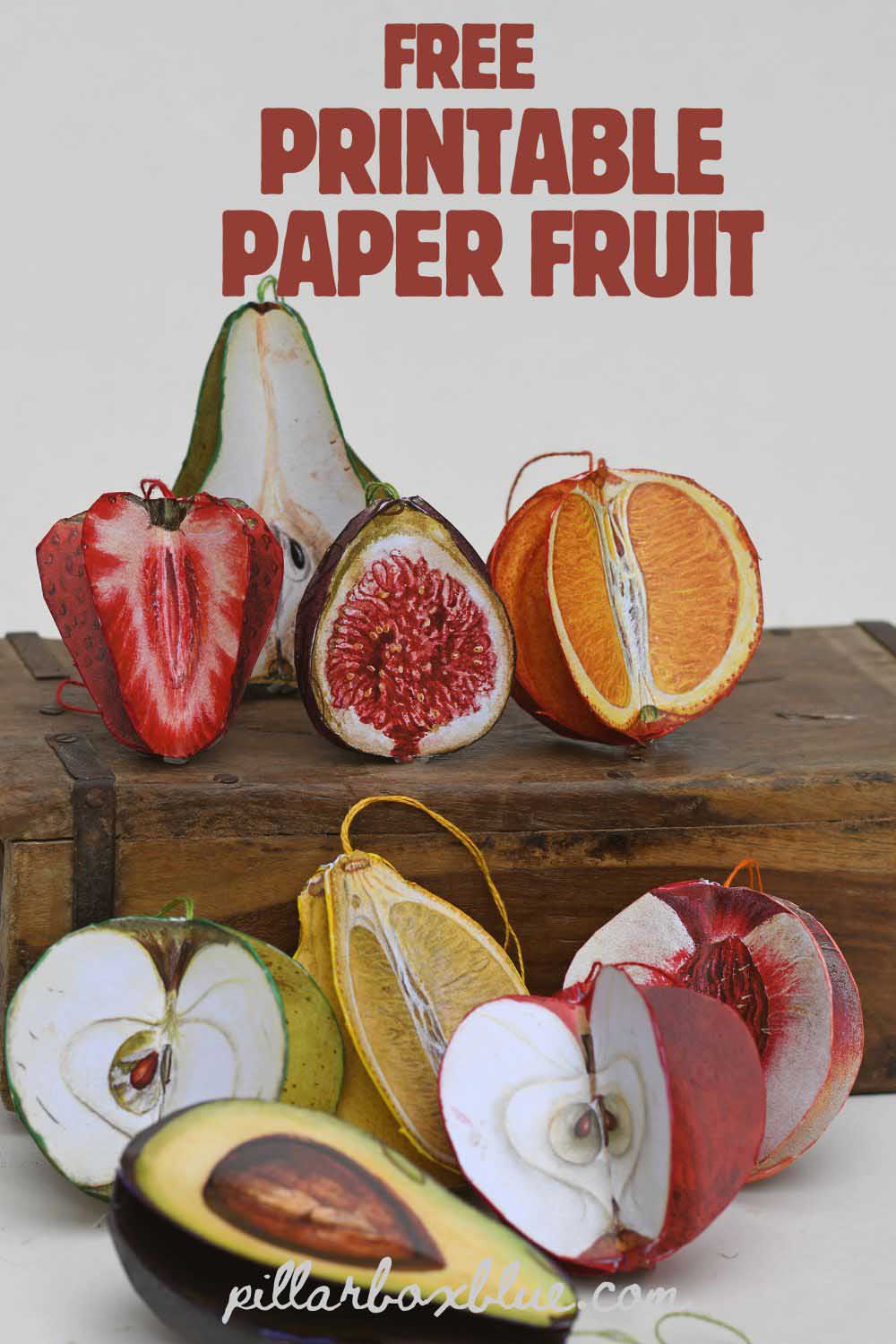 free printable fruit ornaments pear, apples, orange, lemon, fig, peach avocado and strawberry on a box pin