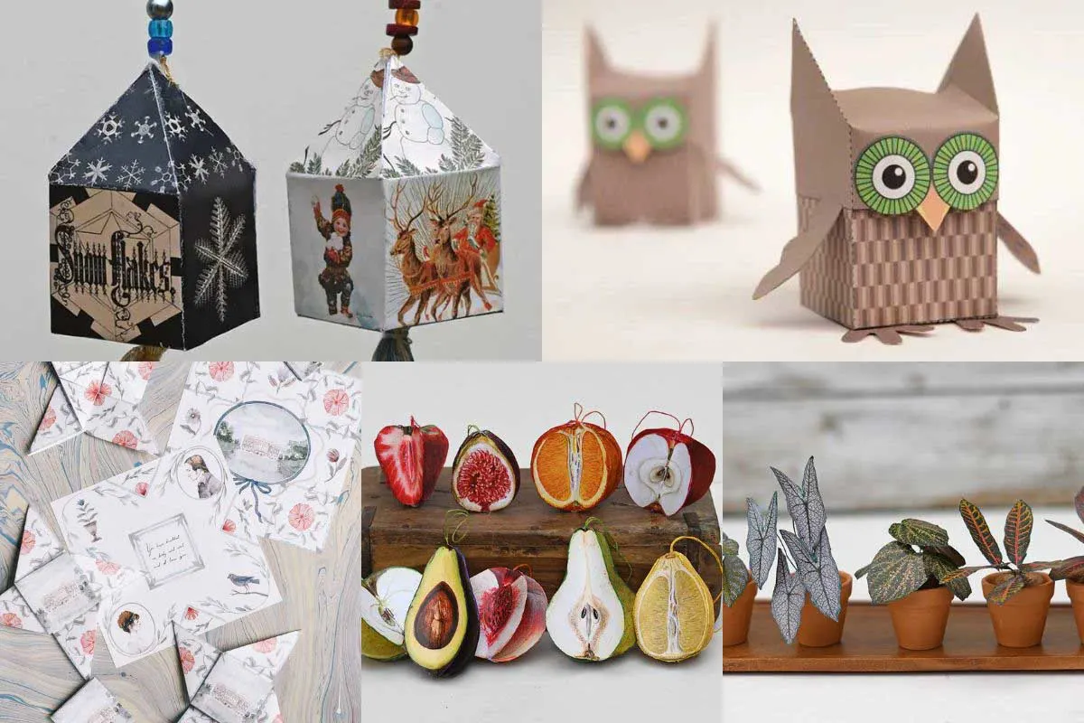 collage of free printable paper crafts for adults and teens