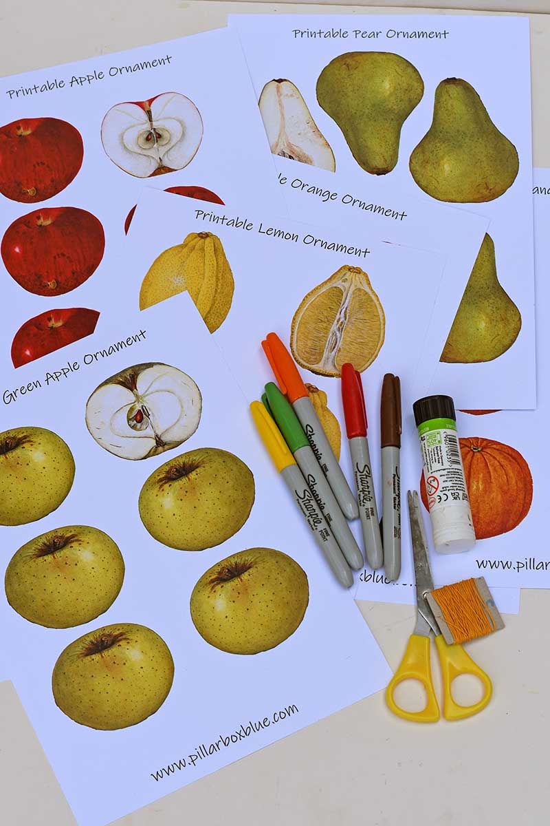 printable 3d paper fruit sheets coloured sharpies, scissors and glue stick and twine