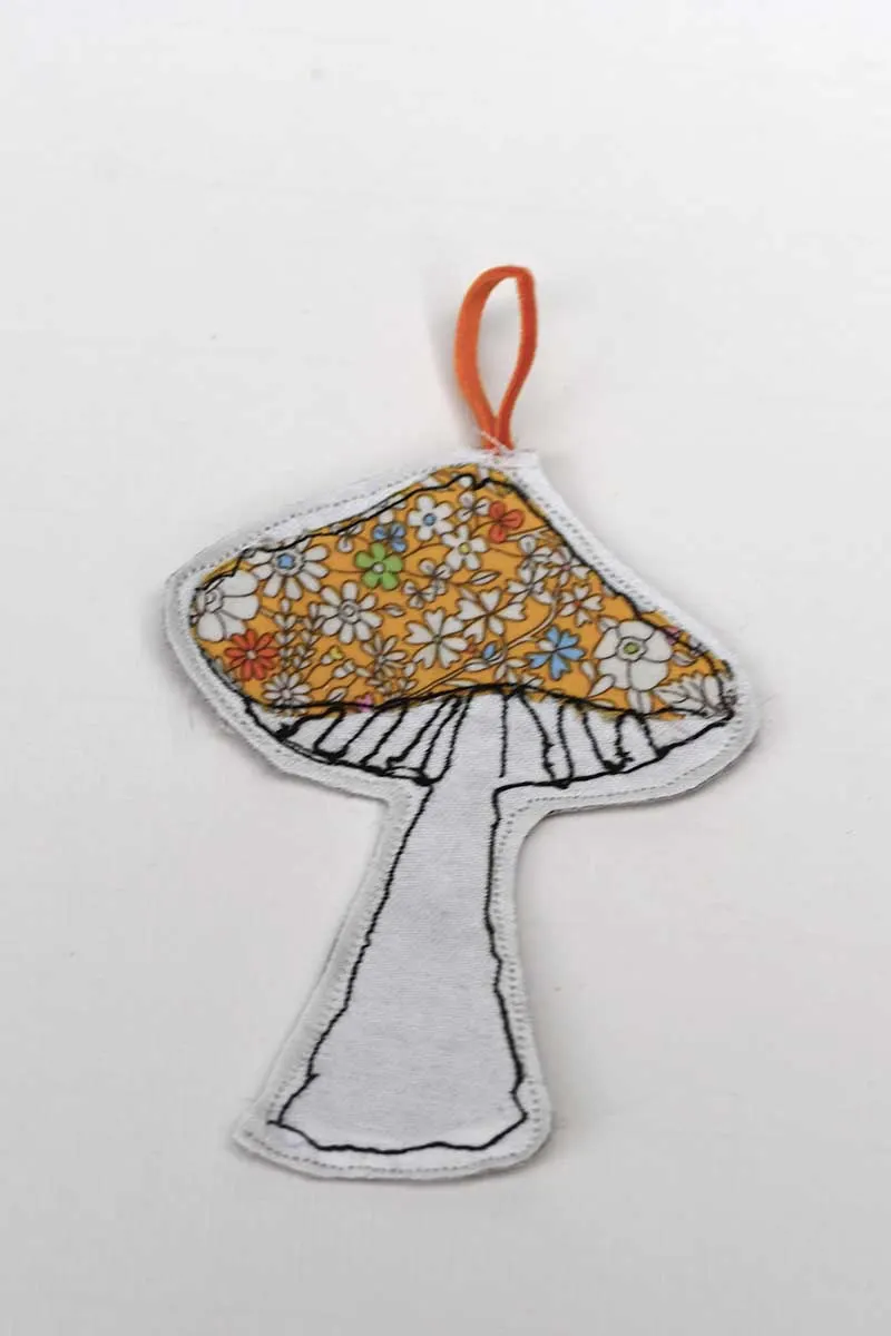 apllique free motion embroidery scrap fabric mushroom ornament
