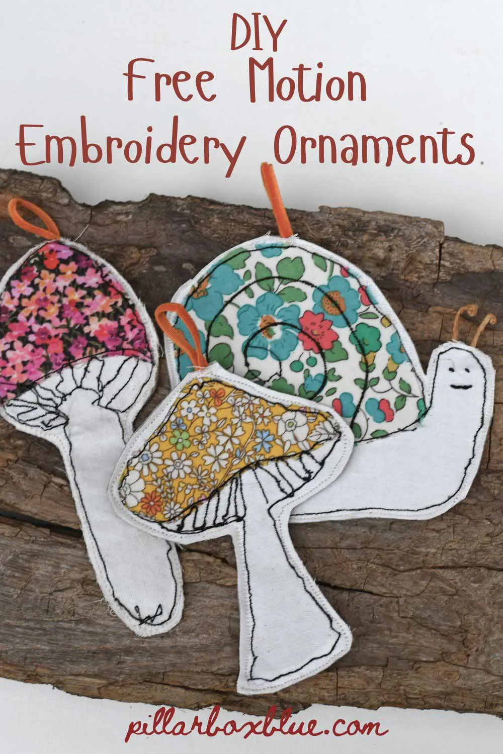DIY mushroom and snail free motion embroidery and applique for a fall garland