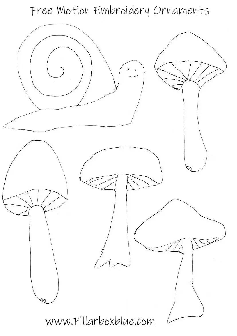 Free motion embroidery of four mushrooms and snails.