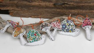Garland of free motion embroidery scrap fabric mushrooms and snails for fall / autumn decor and girts