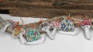 Garland of free motion embroidery scrap fabric mushrooms and snails for fall / autumn decor and girts