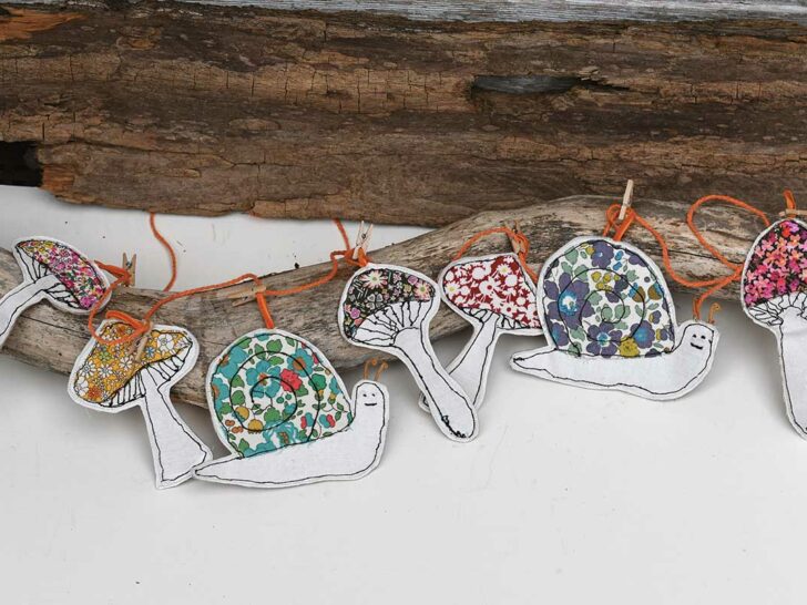 Garland of free motion embroidery scrap fabric mushrooms and snails for fall / autumn decor and girts