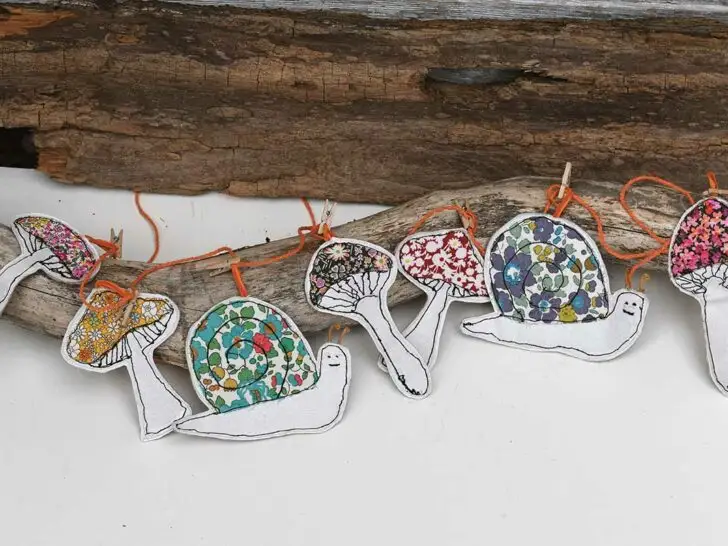 Garland of free motion embroidery scrap fabric mushrooms and snails for fall / autumn decor and girts