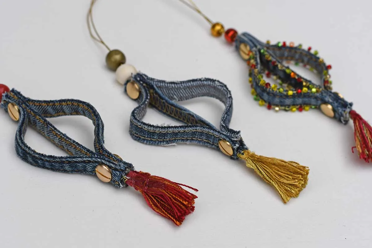 Three simple denim jean seam ornaments