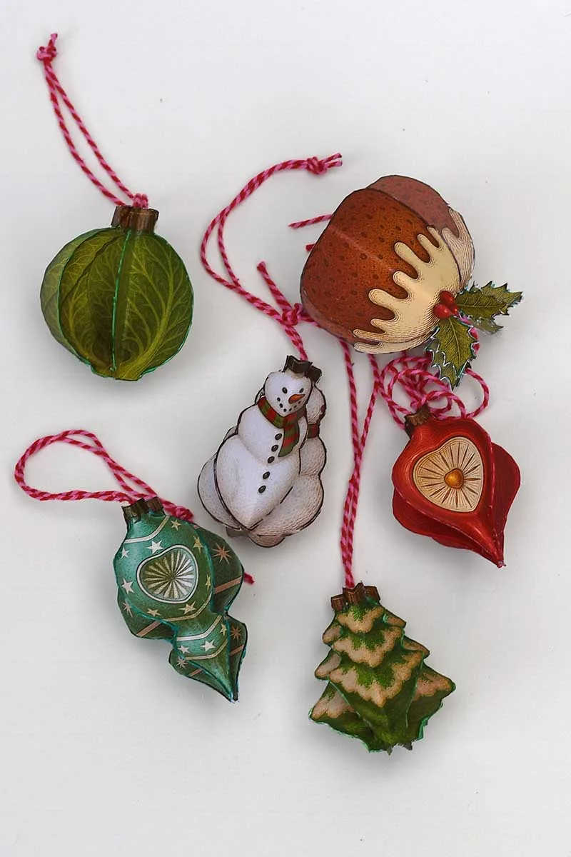 Six printable 3d retro paper Christmas ornaments Brussels sprout, Christmas pudding, snowman, Christmas tree and 2 shiny brite baubles 