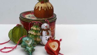Six printable 3d retro paper Christmas ornaments Brussels sprout, Christmas pudding, snowman, Christmas tree and 2 shiny brite baubles with a vintage tin.