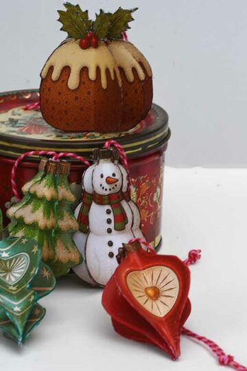 Six printable 3d retro paper Christmas ornaments Brussels sprout, Christmas pudding, snowman, Christmas tree and 2 shiny brite baubles with a vintage tin.