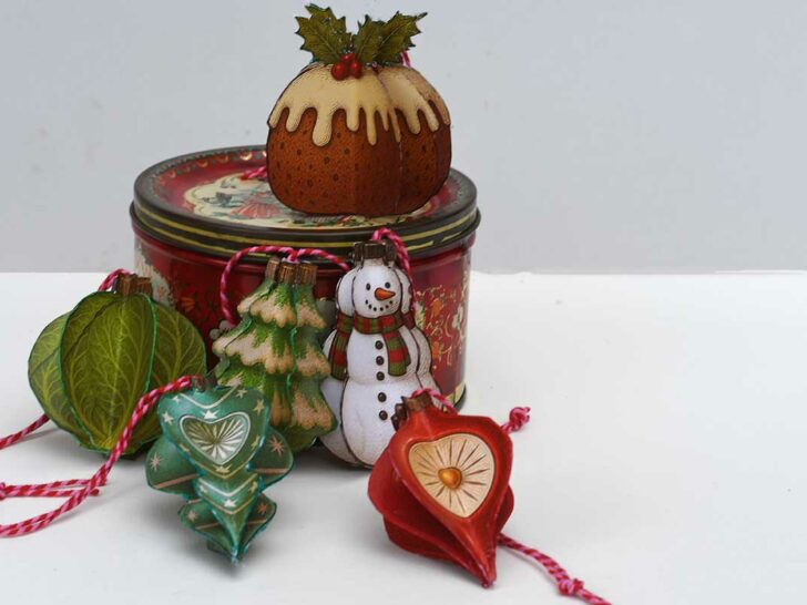 Six printable 3d retro paper Christmas ornaments Brussels sprout, Christmas pudding, snowman, Christmas tree and 2 shiny brite baubles with a vintage tin.
