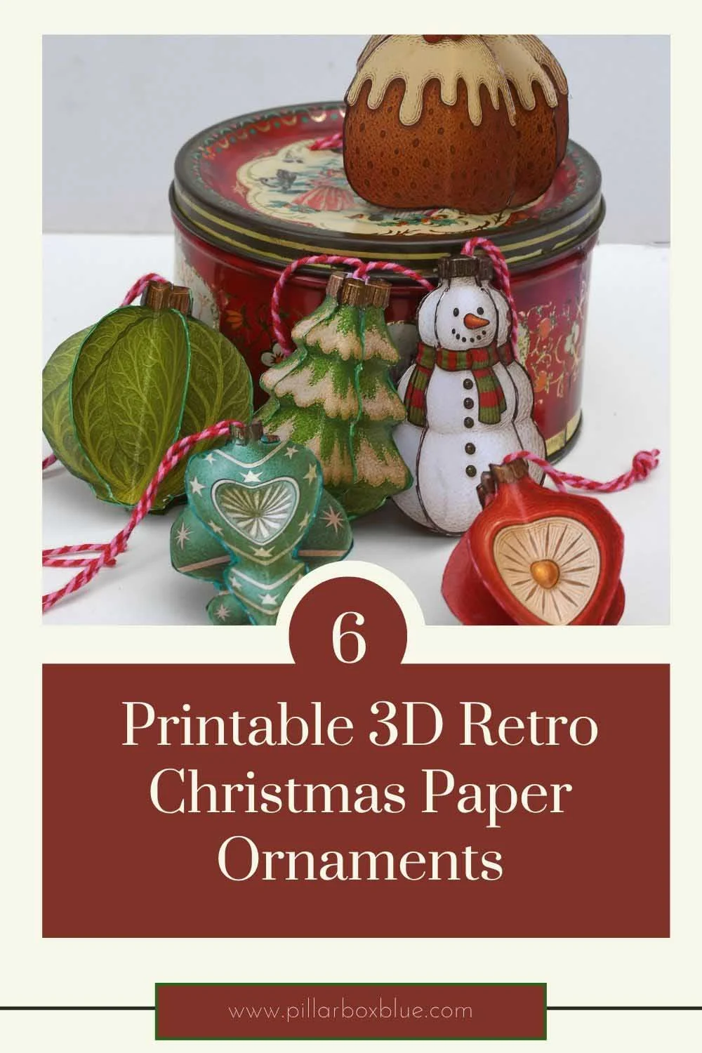 Six printable 3d retro paper Christmas ornaments Brussels sprout, Christmas pudding, snowman, Christmas tree and 2 shiny brite baubles with a vintage tin.