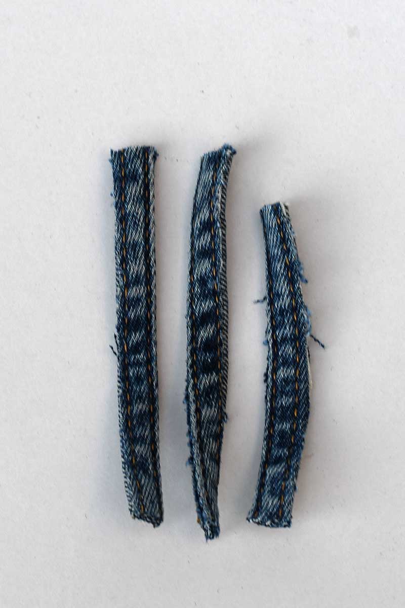 three cut denim seam lengths for Christmas ornament diy