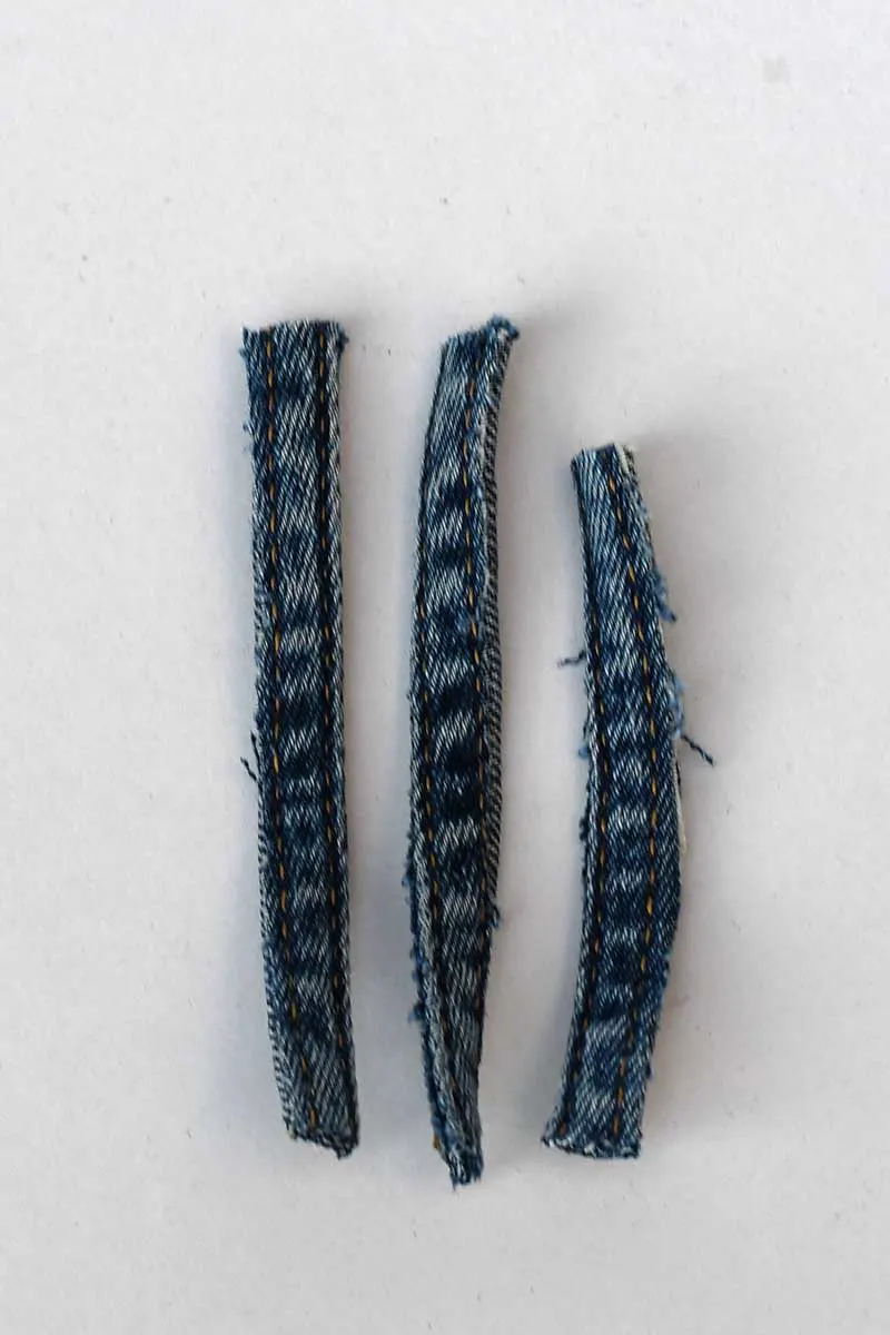 three cut denim seam lengths for Christmas ornament diy