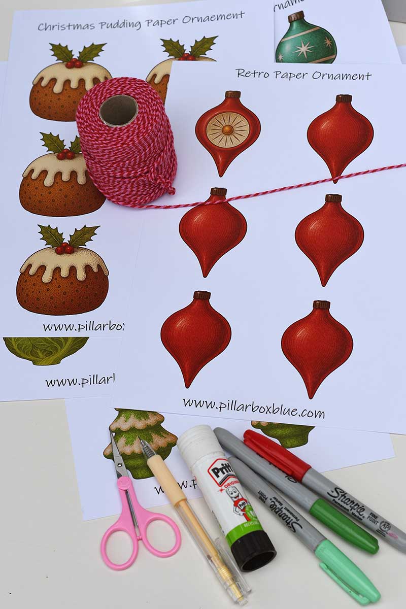Retro Christmas paper ornaments printables, twine, sharpies and scissors and glue
