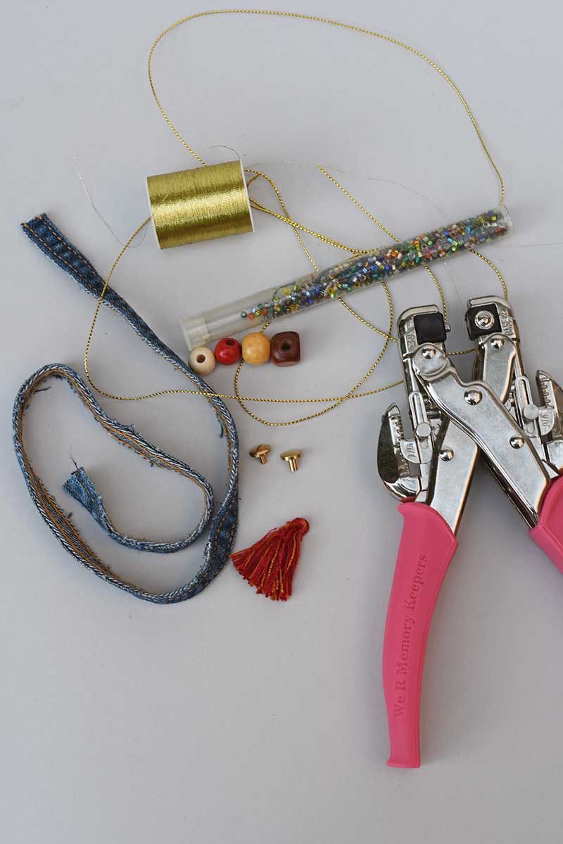 denim seam gold thread, Crop-o-Dile and beads