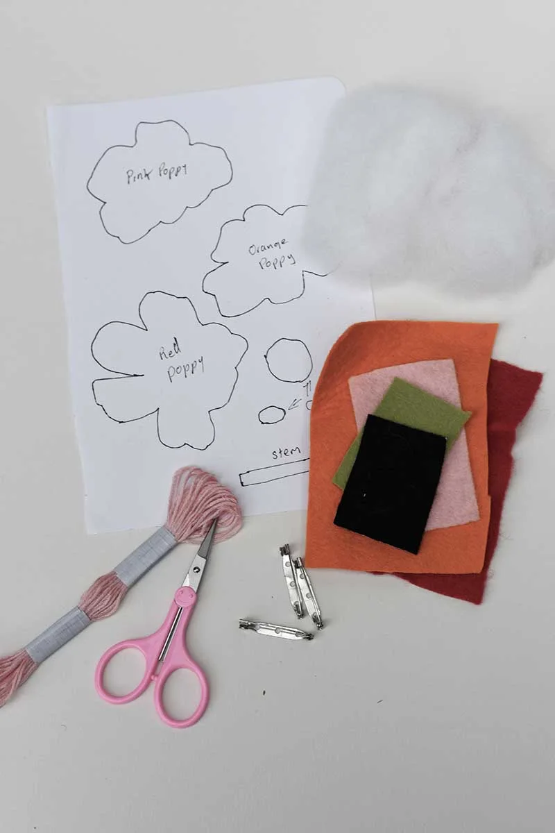 What you need to make Marimekko poppy felt brooches