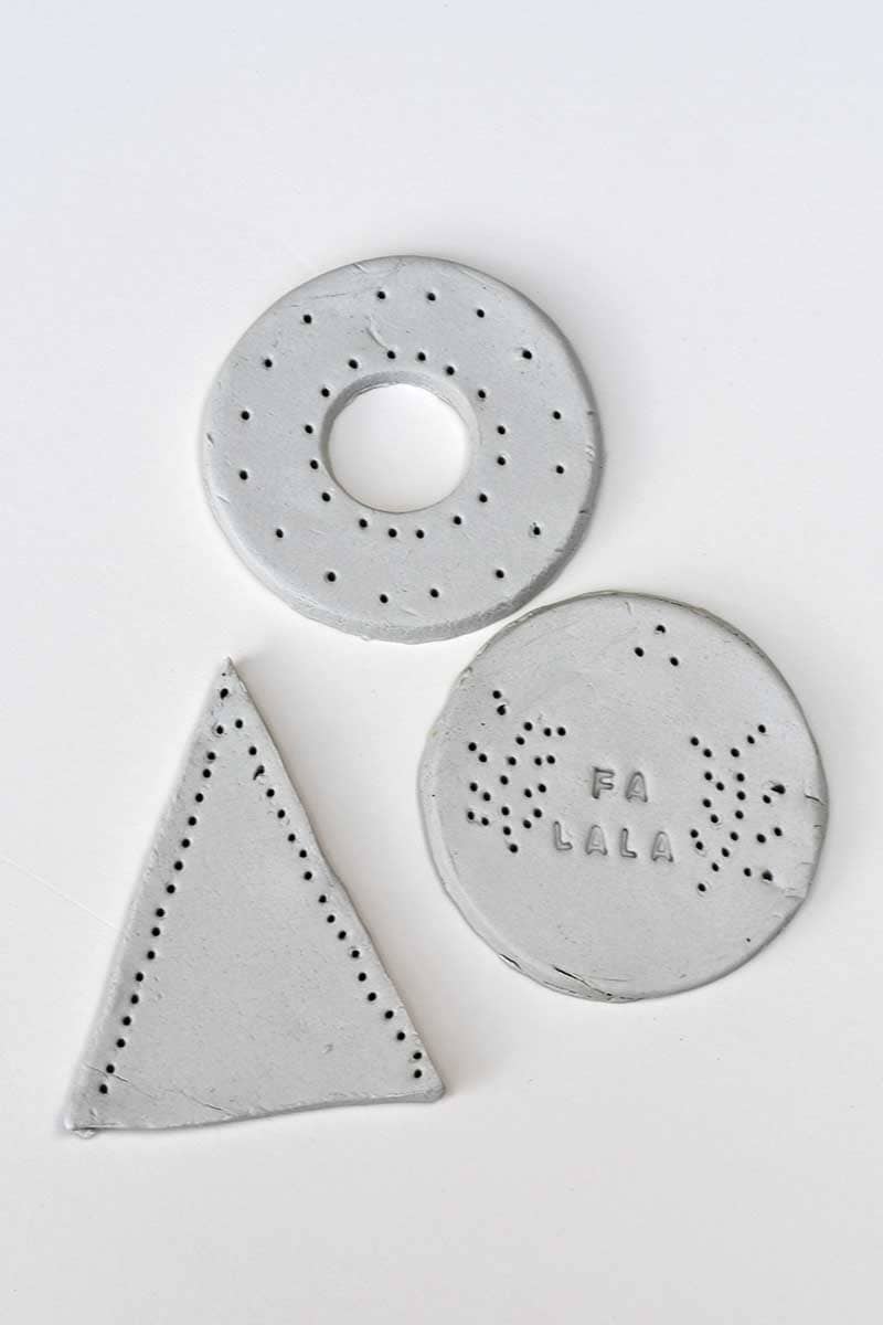Clay shapes with pre punched holes for embroidery tree, donut and bauble