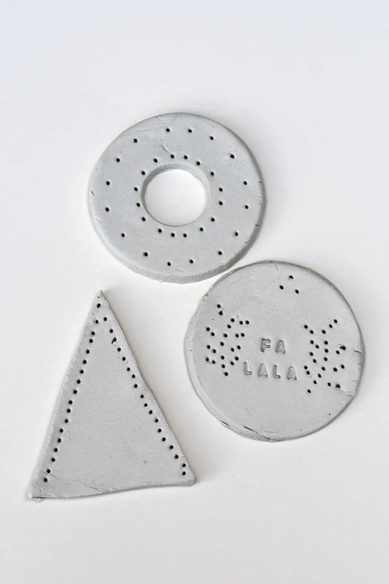 Clay shapes with pre punched holes for embroidery tree, donut and bauble