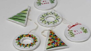 Embroidered and beaded clay Christmas ornaments, Tree, wreath and bauble.