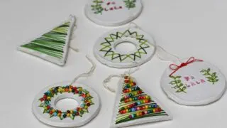 Embroidered and beaded clay Christmas ornaments, Tree, wreath and bauble.