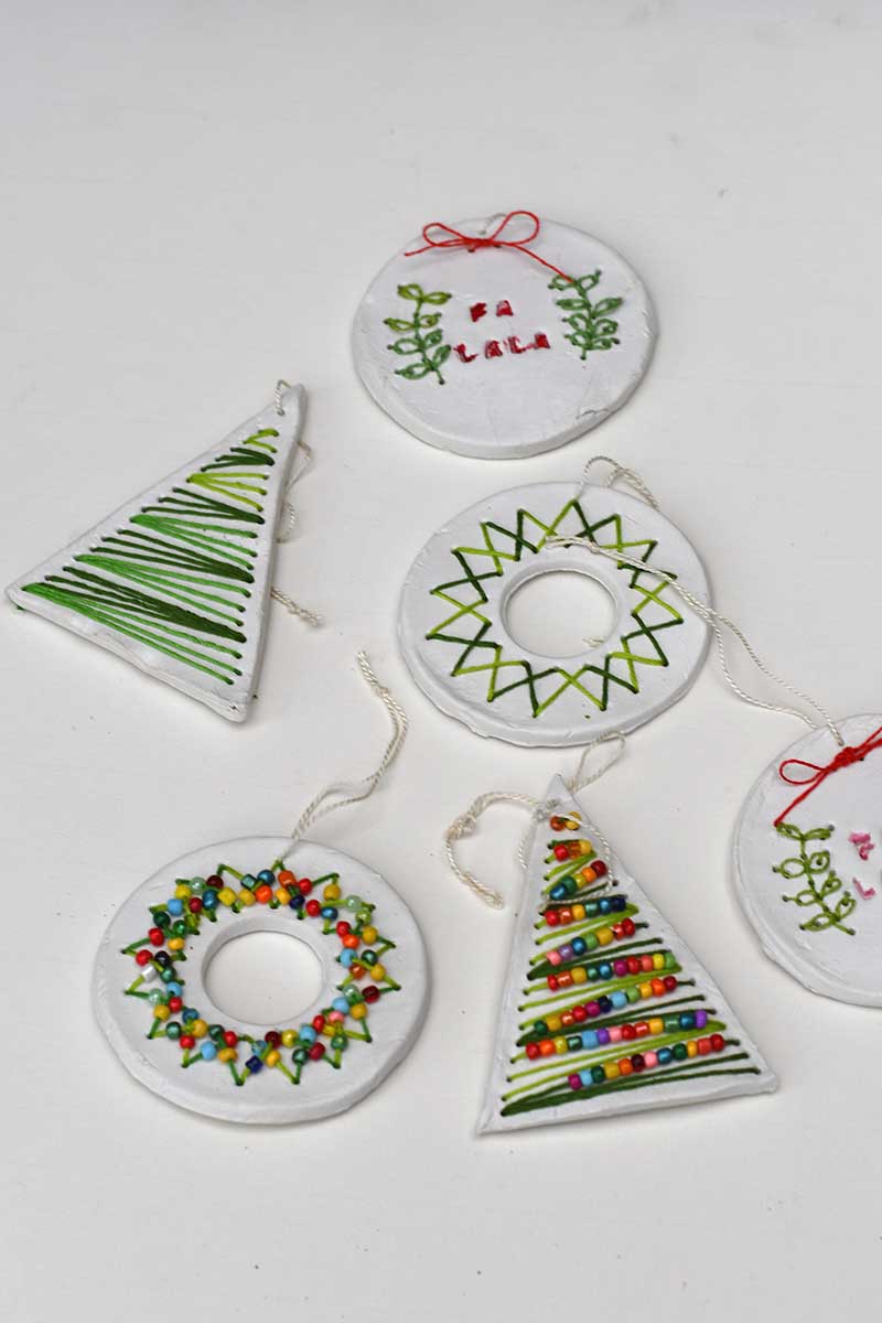 All embroidered Clay Christmas ornaments wreath, tree and baubles with and without beads