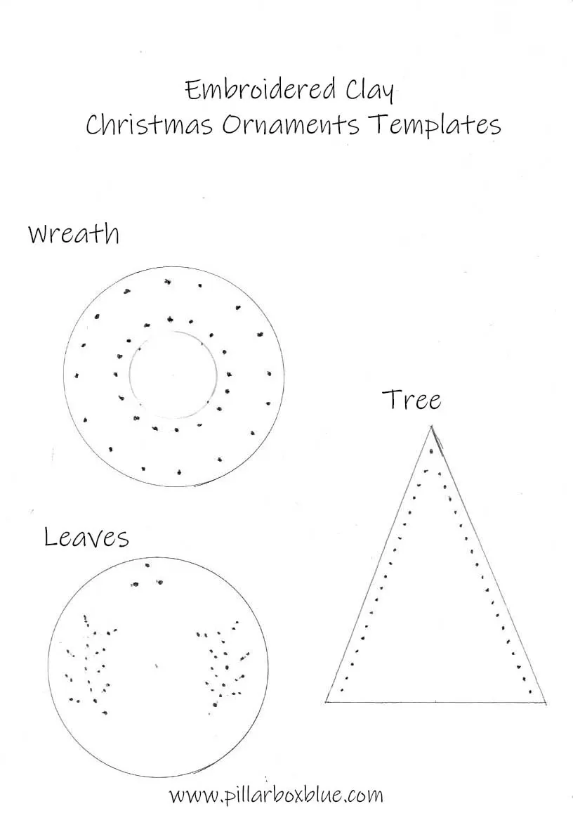 Ornament hole template for embroidered clay Christmas ornaments wreath, tree and bauble design.