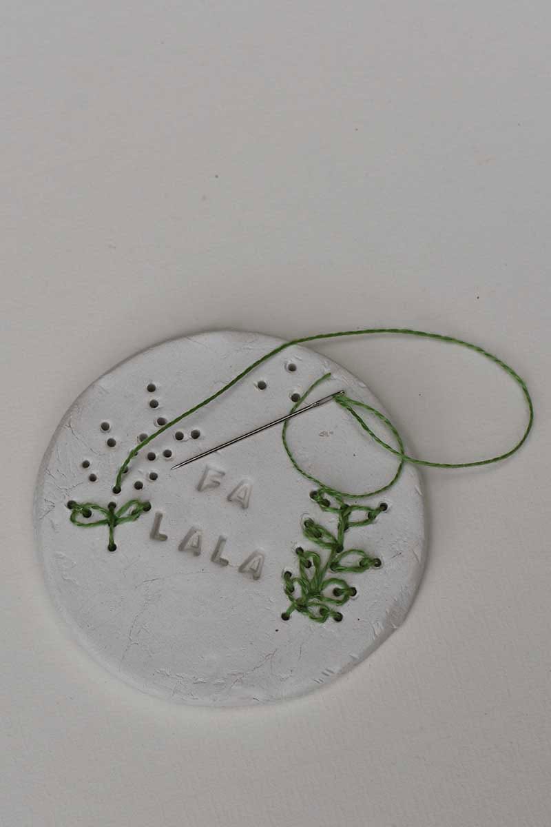 sewing the leaf lazy daisy clay ornament
