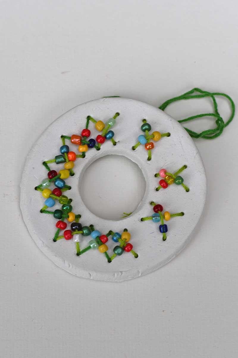 sewing wreath with beads cross stitch