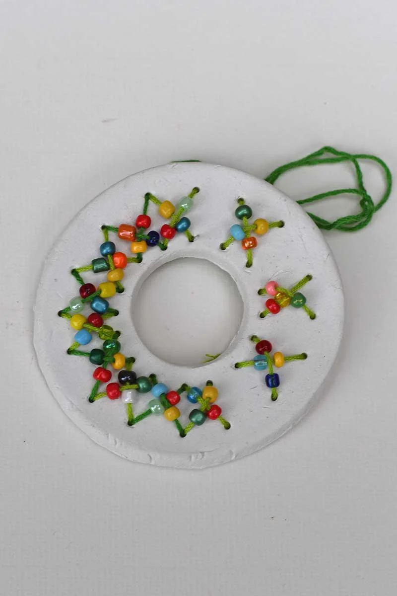 sewing wreath with beads cross stitch