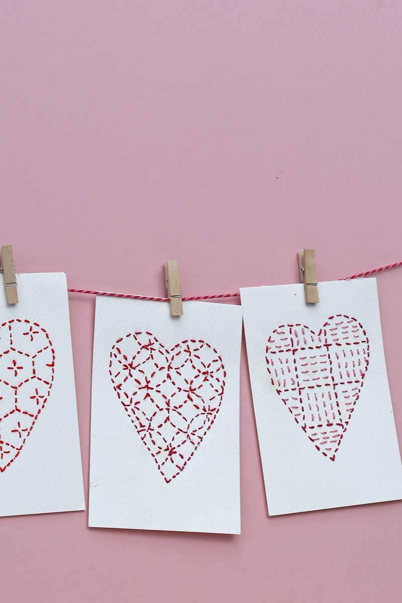 Sashiko paper hearts embroidery garland