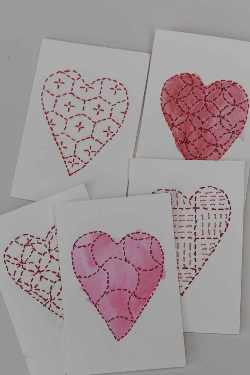 all 5 paper embroidery hearts Sashiko style