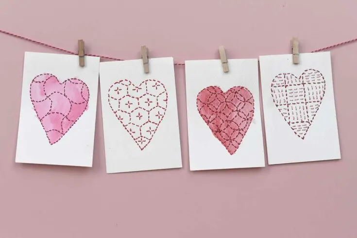 paper heart embroidery garland sashiko style