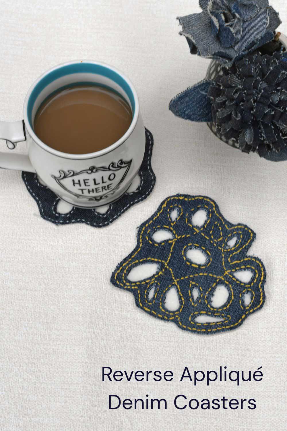 Two denim coasters hand stitched with cup of coffee Hello mug  top view