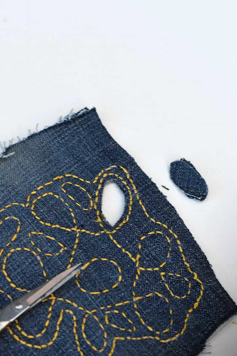 cutting holes in denim sashikko stitching for coaster