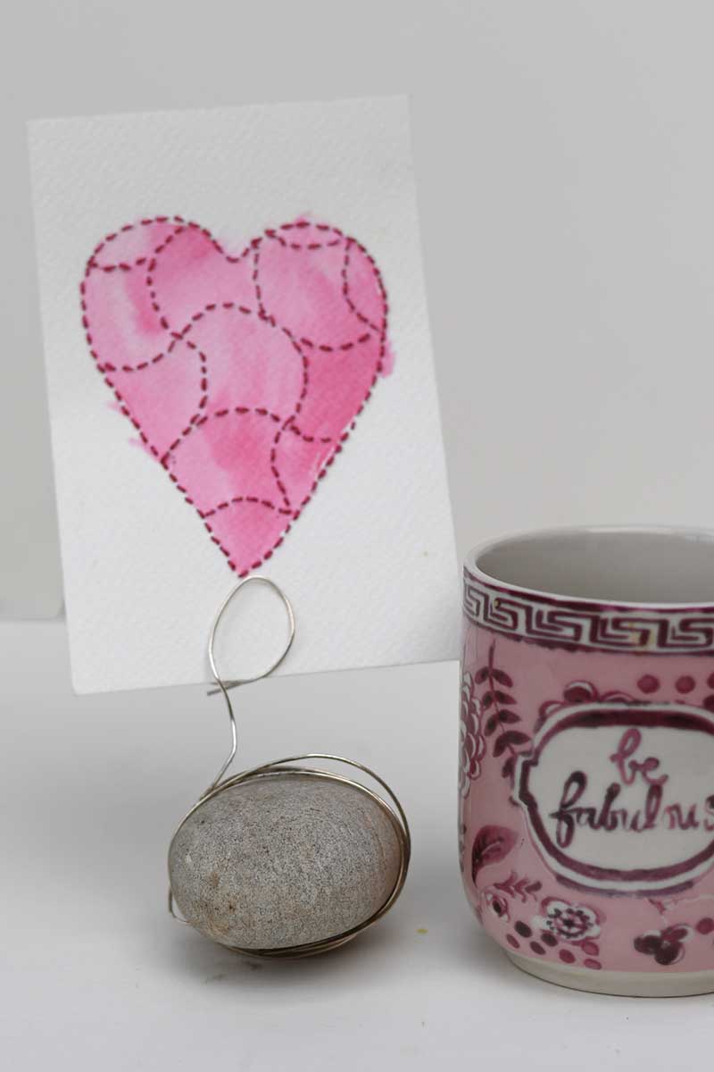 Paper embroidery heart with pink watercolour paint with rock holder and mug