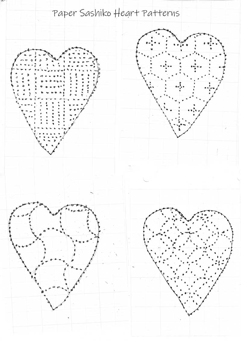 Sashiko heart patterns for paper embroidery