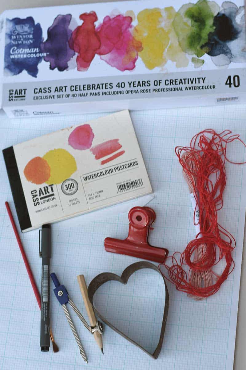 what you need for Sashiko Paper Embroidered hearts craft, paints, paper, embroidery needle thread, heart shaped cookie cutter.