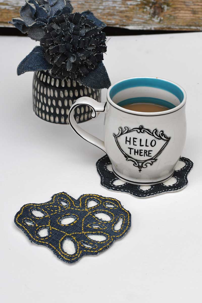 Two denim coasters hand stitched with cup of coffee  Hello mug