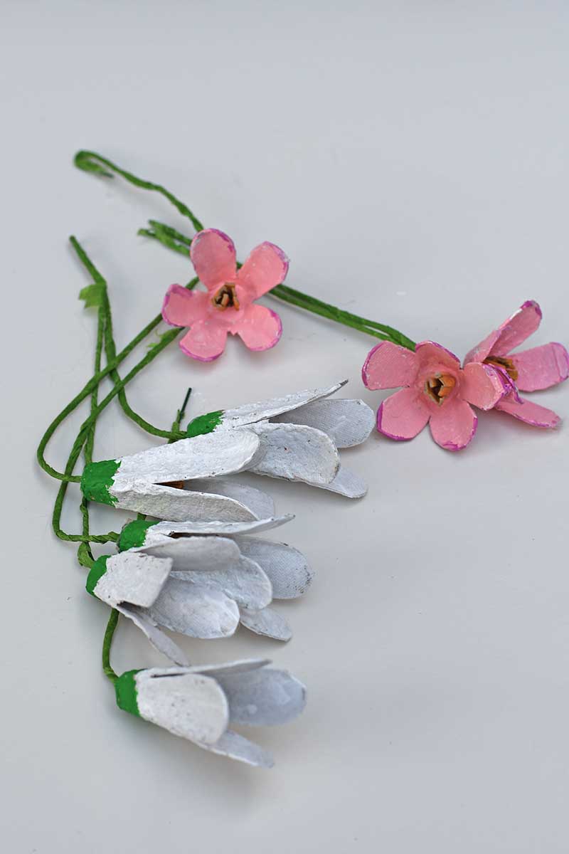 Finished egg carton flowers snowdrops and cherry blossom flowers