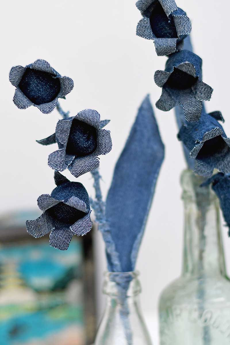 2 bottles of denim bluebell flowers to make from upcycled fabric flowers