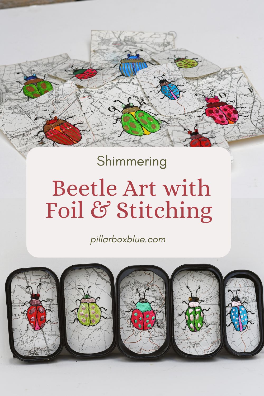 beetle art with stitching and metal foils on old maps. Upcycled home decor